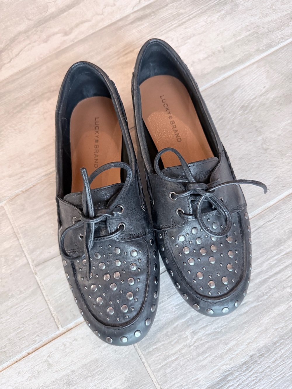 Lucky Brand Black Studded Lace-Up leather Flats